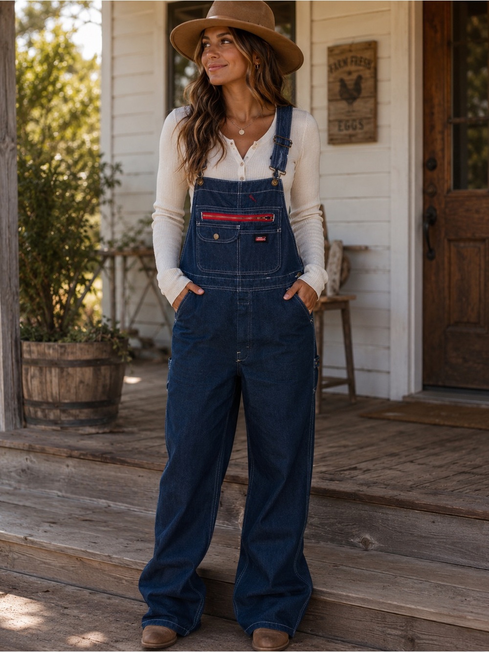 Dickies Dark Blue Denim Women's Overalls with Red Accent